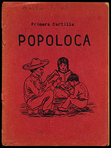 Front cover one of the books on display. The cover is red and includes an image of three seated figures, two adults and a child, all reading.